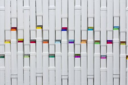 Set bright multi-colored felt-tip pens or markers with designation numbers, name of color. Creativity, drawing for children, design. Many Markers of all colors of rainbow. Copy space for your text.の写真素材