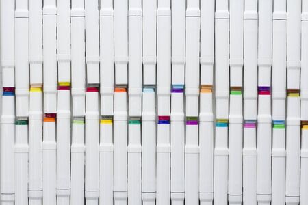 Set bright multi-colored felt-tip pens or markers with designation numbers, name of color. Creativity, drawing for children, design. Many Markers of all colors of rainbow. Copy space for your text.の写真素材