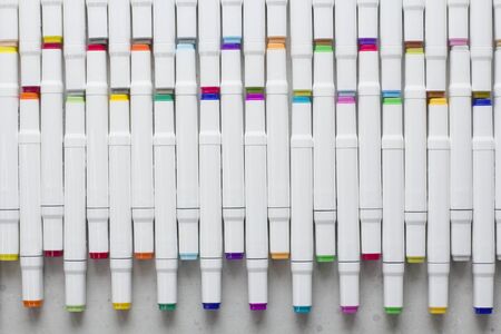 Set bright multi-colored felt-tip pens or markers with designation numbers, name of color. Creativity, drawing for children, design. Many Markers of all colors of rainbow. Copy space for your text.の写真素材