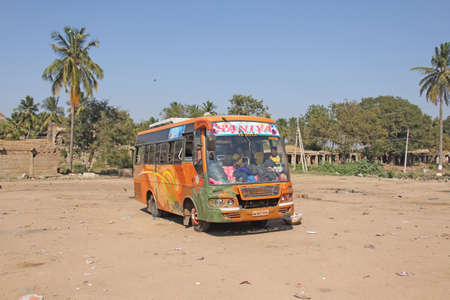 India, Hampi, 02 February 2018. A school Indian bus is on the bus station.のeditorial素材