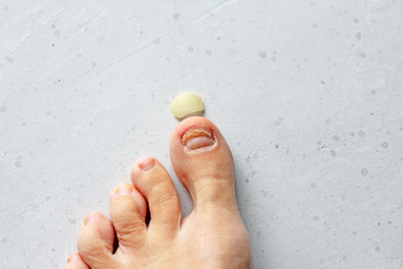 Exfoliation of nail on big toe, close-up in woman, girl. Toenail damage, fungus, trauma, big toe nail problems, nail detachment, on light white modern concrete background. Nail disease treatment.の写真素材