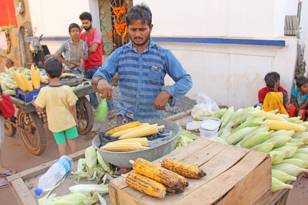 India, GOA, January 24, 2018. The seller of cooked and baked corn. Street trading in India, selling corn. Street delicious food.のeditorial素材