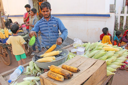 India, GOA, January 24, 2018. The seller of cooked and baked corn. Street trading in India, selling corn. Street delicious food.のeditorial素材