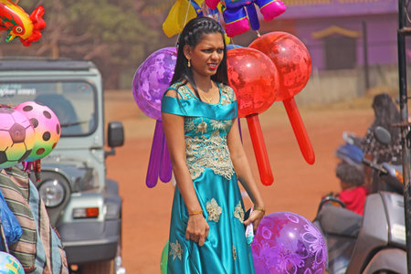India, GOA, January 28, 2018. Young Indian girl in a beautiful blue or turquoise sari.のeditorial素材