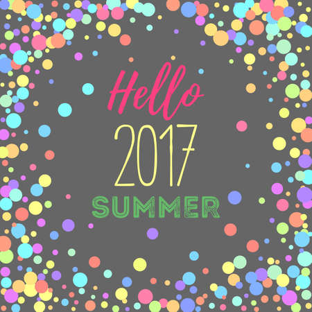 Vector pastel isolated confetti on gray background pattern. Words of hello summer 2017. Background from round confetti.のイラスト素材