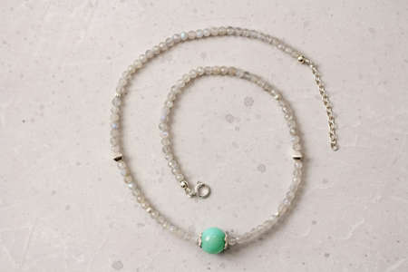Labrador, chrysoprase necklace. A short necklace made of natural Labrador, chrysoprase stones. Handmade jewelry made from natural stones. Modern jewelry. Natural Labrador, chrysoprase choker.の写真素材