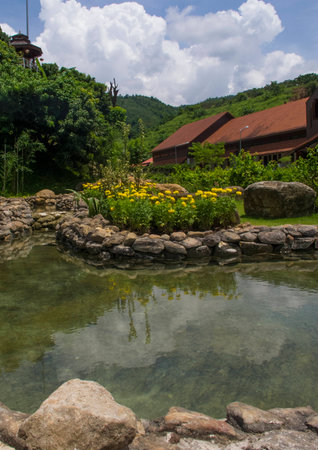 water well, pool, sky, landscape, nature, rock, tree, refect, water, cloud, blue, peace,の写真素材