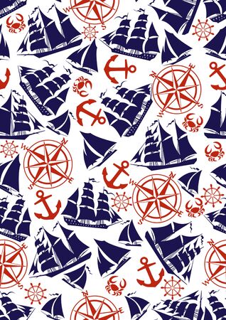 Nautical Digital Paper, Hand Painted, Seamless pattern, Navy Blue, Red