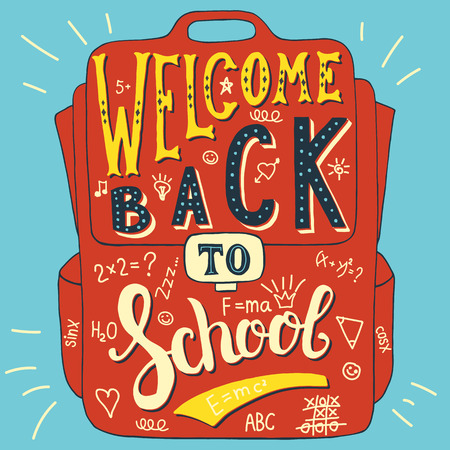 Vector illustration with hand-drawn words on school bag. Welcome back to school. Calligraphy and typography inscription. Sign painting vintage style. Colorful versionのイラスト素材