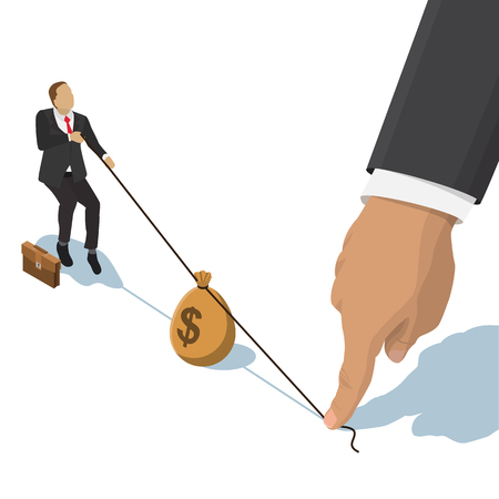 businessman pulling a bag with a dollar sign, the other end of the rope holding a big hand for business competition design. Isometric flat style illustration.  Isolated on  white backgroundのイラスト素材