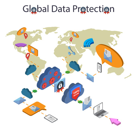 Flat 3d web isometric online safety, data protection and safe work. Isolated on  white backgroundのイラスト素材