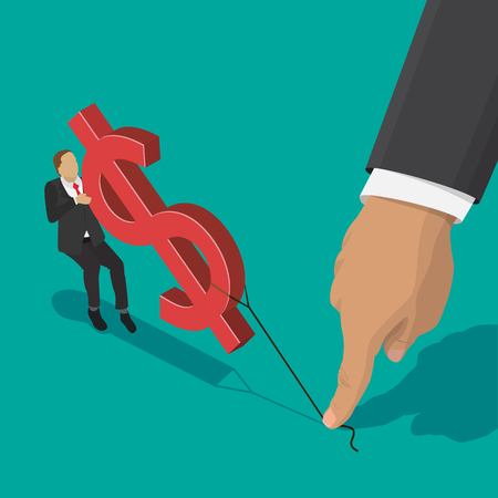 businessman pulling dollar sign, the other end of the rope holding a big hand for business competition design. Isometric flat style illustration.  Isolated on  white backgroundのイラスト素材