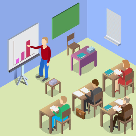 Business meeting in an office. Isometric vector illustration of a business presentation meeting in an office around a table.のイラスト素材