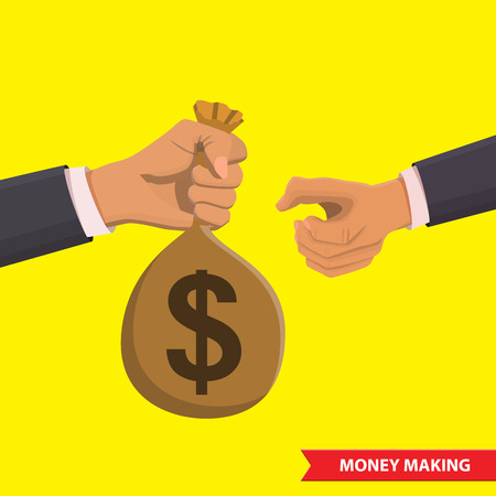 Hand with a bag of money transfers it to another. Money making, financial, corruption, bankig and money saving isometric concept.のイラスト素材