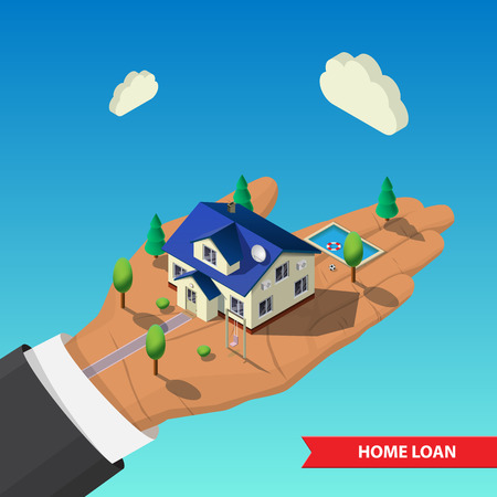 Flat 3d isometric. big hand holds a house, trees, swimming pool. Isometric illustrationのイラスト素材