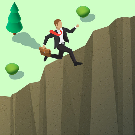 Businessman in a suit and with a briefcase flies to the goal of the gap. Shooting to success goal concept. New business banner. Isometric style illustrationのイラスト素材