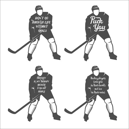 Collection of hockey motivational quotes. Winter sports.Typographic Art for Poster Print Greeting Card T shirt apparel design, hand crafted illustration. Made in vintage retro style. Monochrome badgesのイラスト素材