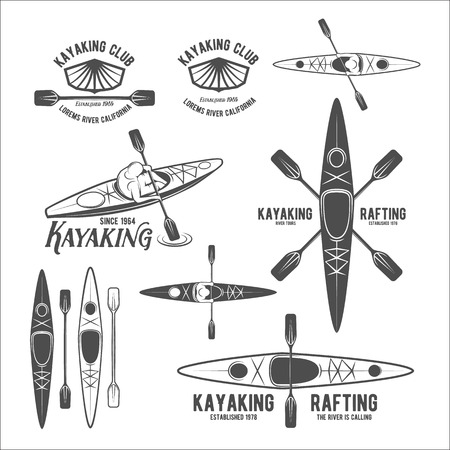 Set of vintage rafting, kayaking, paddling, canoeing camp logo, labels and badges. Kayak isolated vector. Kayak icon. Kayaker emblems. Kayaking logotypes. Rafting icons. Rafting team design