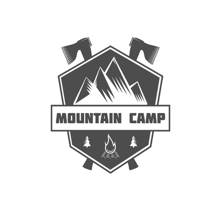 Mountain adventure and travel retro emblem. Black and white mountain shield. Camping badges travel logo emblem label graphics badge camping mountain adventure explorer equipment vintage.のイラスト素材