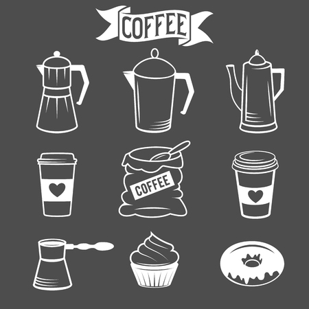 Set of coffee icons isolated over black backgroundのイラスト素材