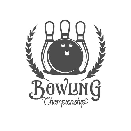 Bowling vector logotype, emblem and badge. Club gaming play, skittle and strike illustration. Template for bowling club, tournament, champion, challenge.のイラスト素材