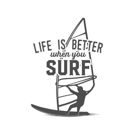 Windsurfing retro label, badge. Surfer vector. Vintage surf design elements. Surfingのイラスト素材