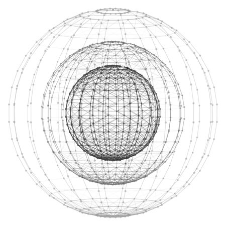 3d vector digital wireframe spherical objects. Three geometric polygonal balls created with lines and dots. Low poly shapes. Abstract vector backgroundのイラスト素材