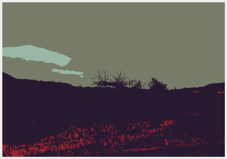 Landscape with hills and trees in retro style. Vector illustration.art woodcut style illustrationのイラスト素材
