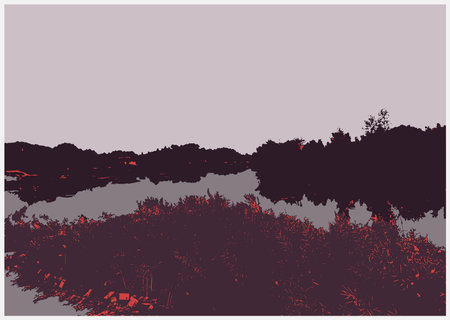 Landscape with forest and lake. Vector illustration for your design.art woodcut style illustrationのイラスト素材