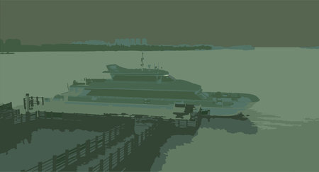 Vector illustration of a ship on the background of the city and the sea.のイラスト素材