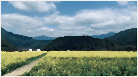 Landscape of rice field and mountain with blue sky background illustration.のイラスト素材