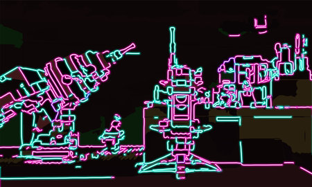 Futuristic battle ship in neon light on a dark background.play game sceneの写真素材