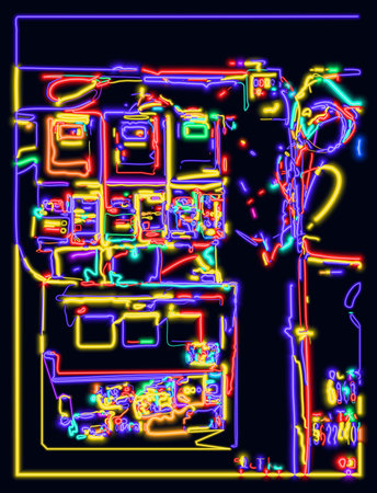 Retro arcade game machine with neon lights. Vector illustration on a black background.の写真素材