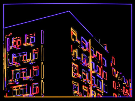 Illustration of a multi-storey building with neon lights.の写真素材