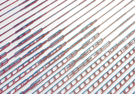 Abstract 3d rendering of chaotic geometric composition. Bended stripes background. Reflective...