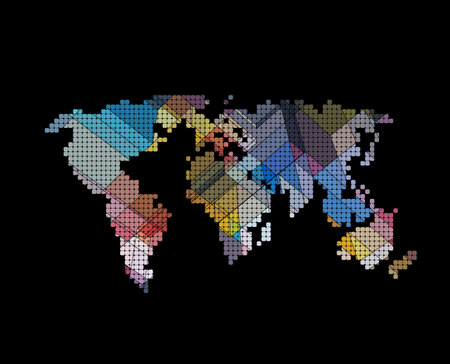 Colorful pixel map of the world on a black background. Vector illustrationのイラスト素材