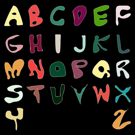 Hand drawn alphabet. Colorful vector letters on black background. Vector illustration.のイラスト素材