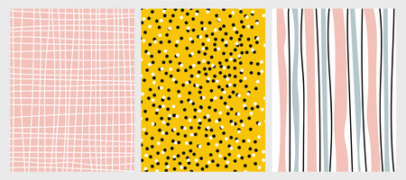 Set of vector seamless patterns with hand drawn polka dots and stripes