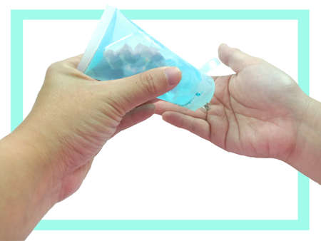 Hand washing step isolated on white background with clipping path. Woman hand gesture with blue border.の写真素材