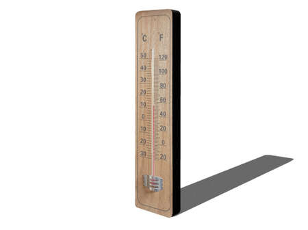 Brown wood thermometer calibrated in degrees celsius and fahrenheit isolated on white background.