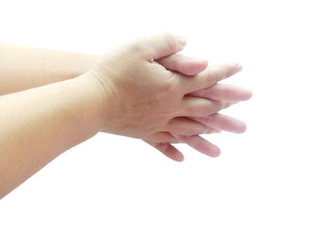 Woman hand gesture for hand washing step isolated on white background with clipping path.