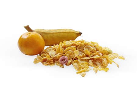 Pile of original taste cereals or cornflakes with some colorful loops shape sparsely with orange and...