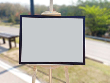 Blank white background with dark brown wooden frame of Art exhibition, Art gallery, collection of...