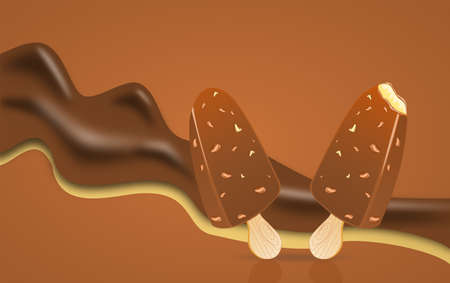Two  sticks of vanilla ice cream coated with chocolate and peanut with flowing of chocolate and vanilla liquid on brown background with free copy space. One ice cream stick has been bitten.のイラスト素材