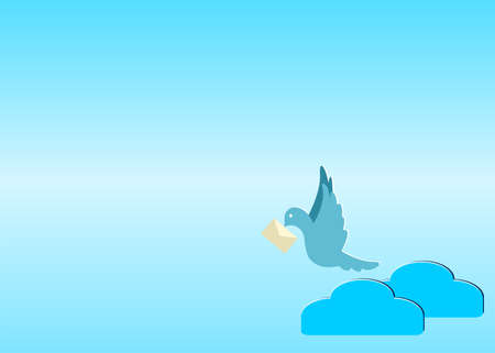 Blue Carrier Pigeon carrying the letter flying above clouds blue and white gradient color background with free copy space. Communication development concepts.のイラスト素材