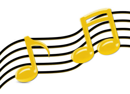 3d illustration of shiny golden melody sign isolated on white background as vector. Sixteenth note and eighth note song with black line of five staff.のイラスト素材