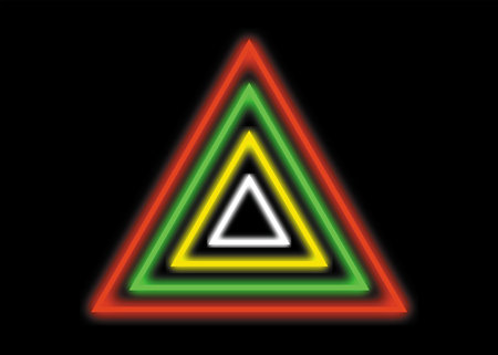 Abstract background of neon colorful triangle shape with red green yellow and white on black background. Vector illustration.のイラスト素材