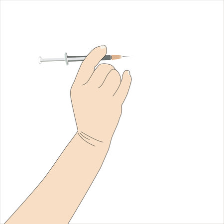 Vector illustration of the hand-holding syringe of coronavirus vaccine to vaccinate as a gesture on white background.のイラスト素材