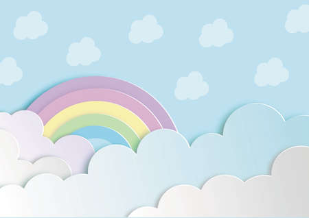 Rainbow and clouds in pastel color as paper craft style on blue background with free copy space. Vector illustration wallpaper.のイラスト素材