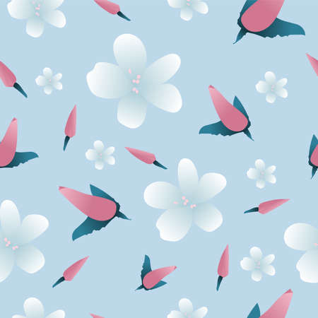 white daisy flower with pink bud and  dark blue petal on blue background as seamless pattern. vector illustration.のイラスト素材